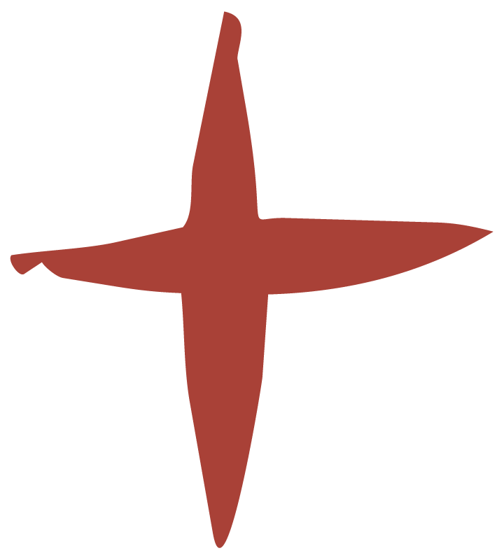 Red cross symbol with pointed ends in a star shape, resembling a stylized compass rose on white background.