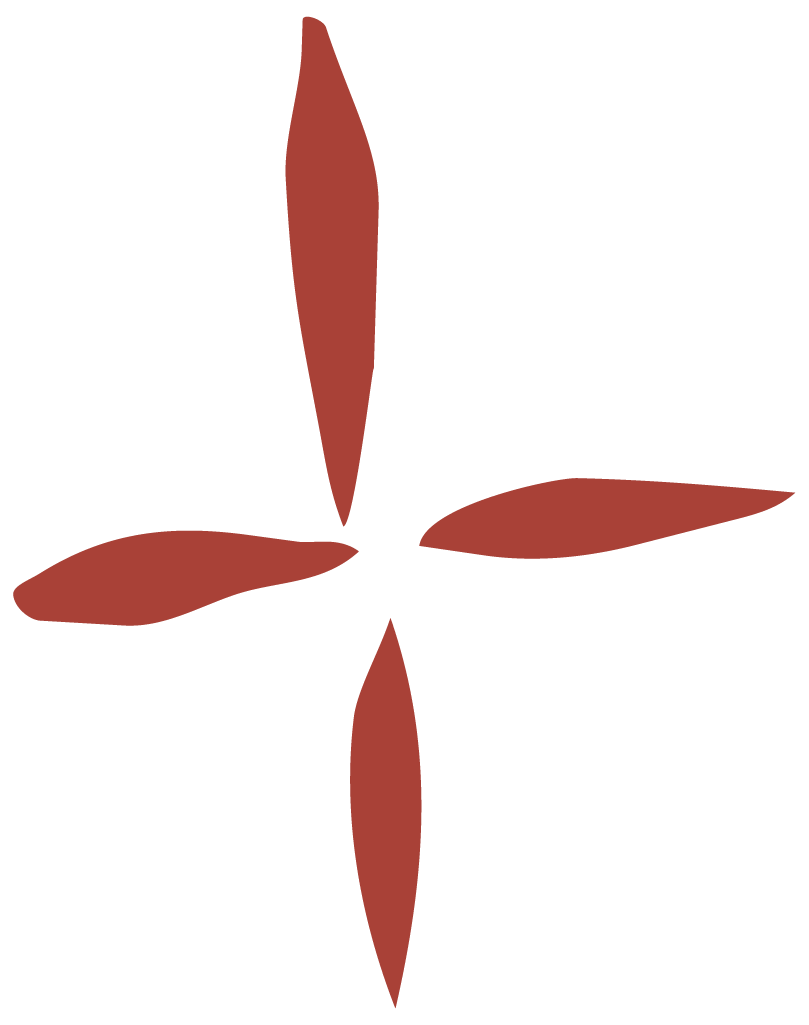 A dark red abstract four-petal flower shape with asymmetric curved petals arranged in a cross pattern on white background.