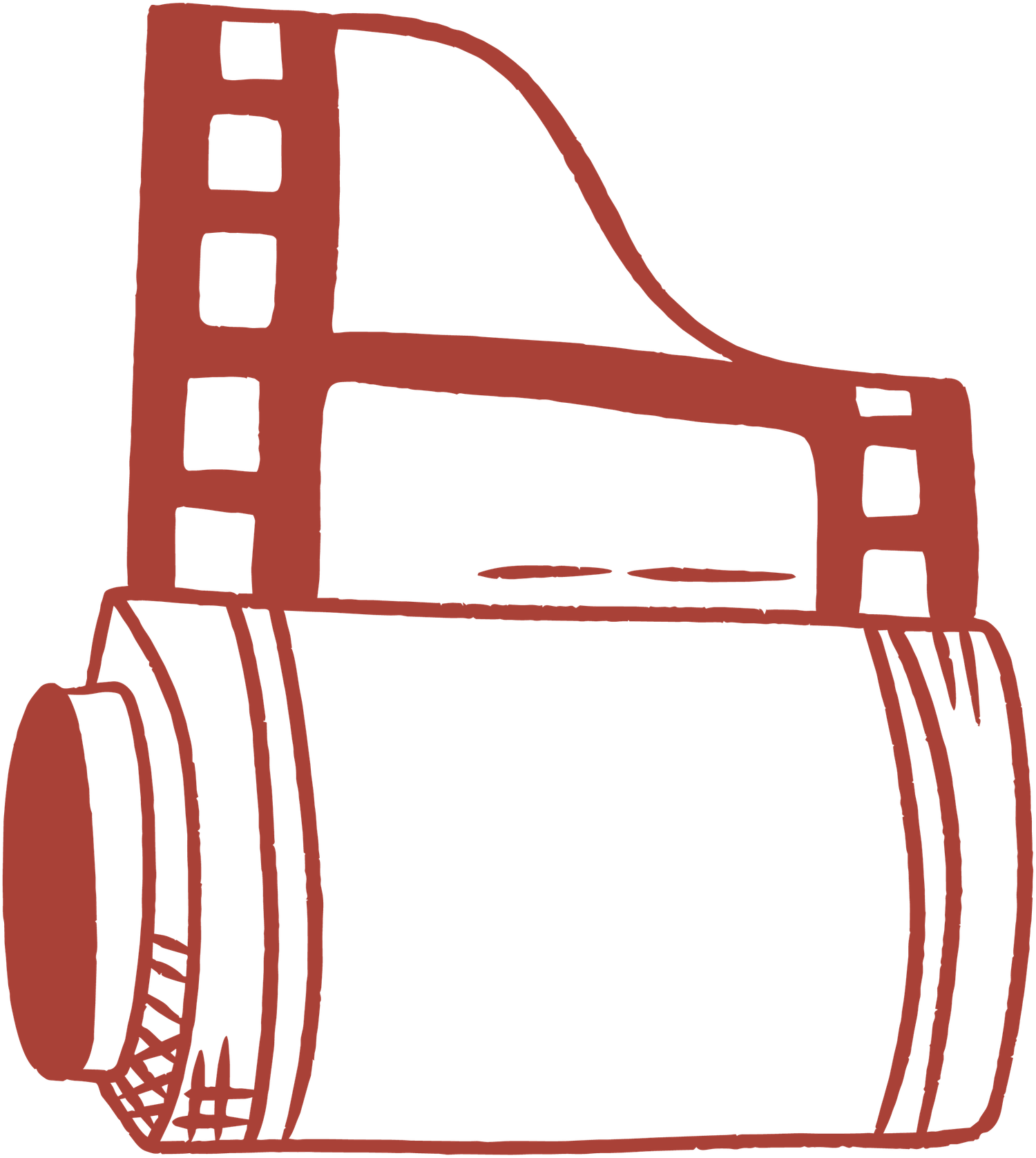 Vintage film reel and movie camera illustration in red outline style for cinema and photography concepts.