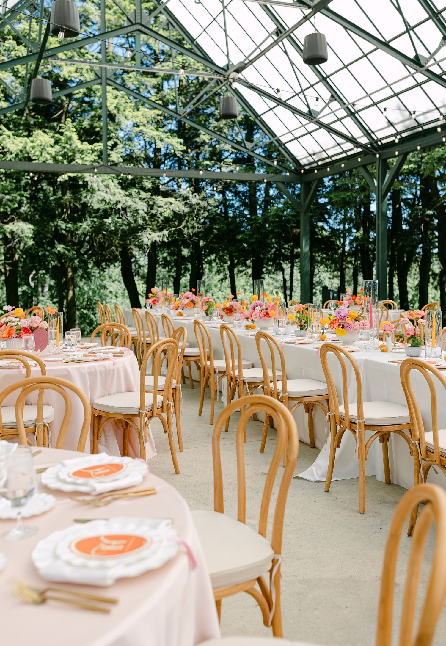 Bright greenhouse wedding reception with gold bentwood chairs, blush linens, and colorful floral centerpieces.