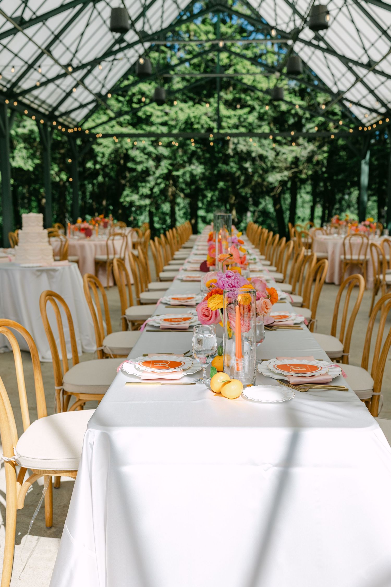Long wedding reception table with white linen, gold chairs, and colorful pink and orange floral arrangements under a glass greenhouse.