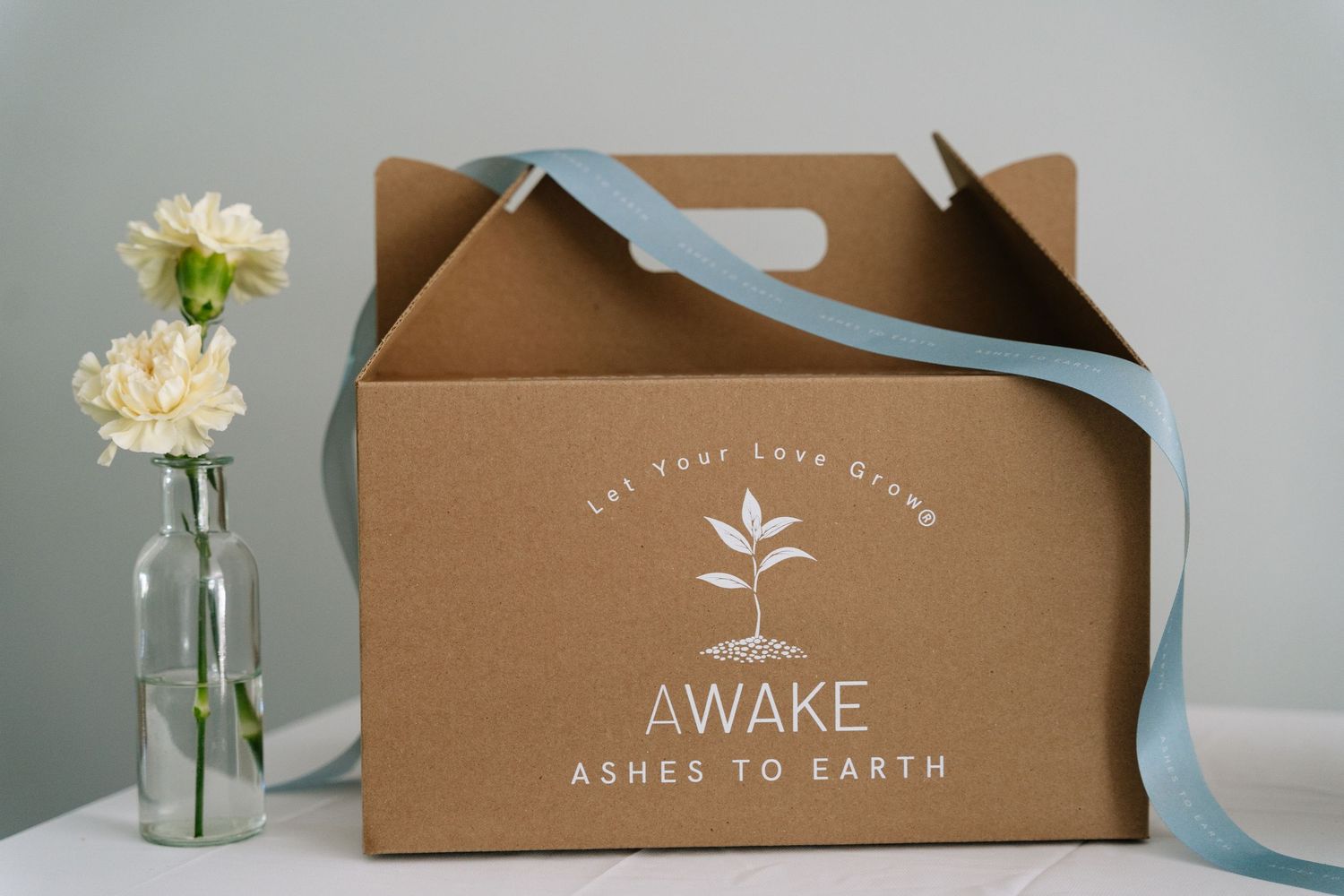 Brown eco-friendly packaging boxes with blue ribbon and white flower accents create an elegant sustainable branding display.