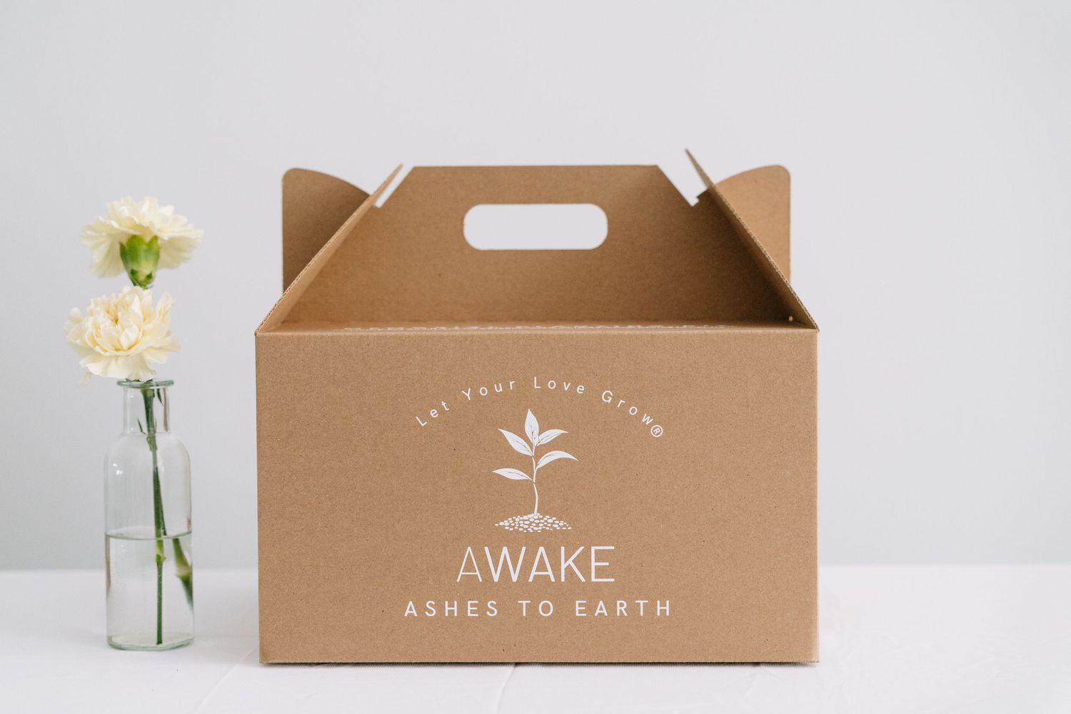 A series of eco-friendly brown cardboard boxes with floral accents and white text displayed against a light background.