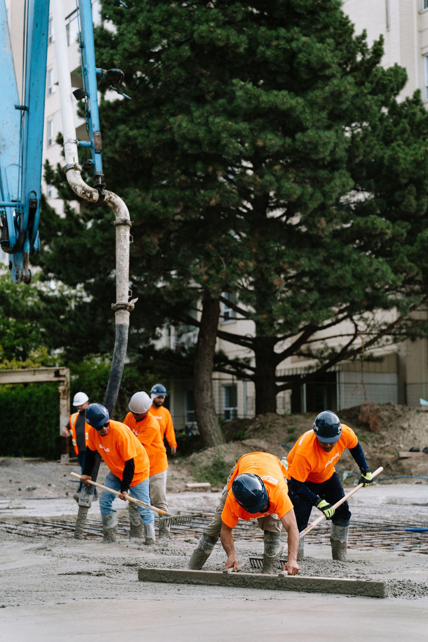 Construction workers in bright orange safety vests smooth wet concrete on a job site near pine trees.