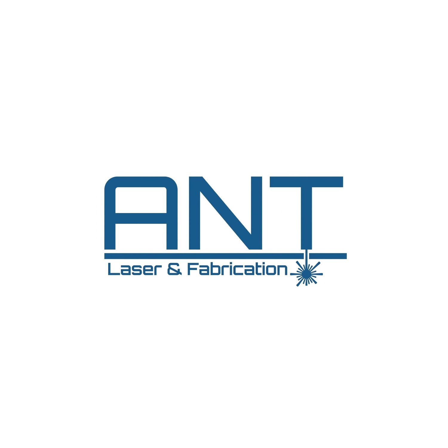 Blue text logo for ANT Laser & Fabrication company with a star-like design element.