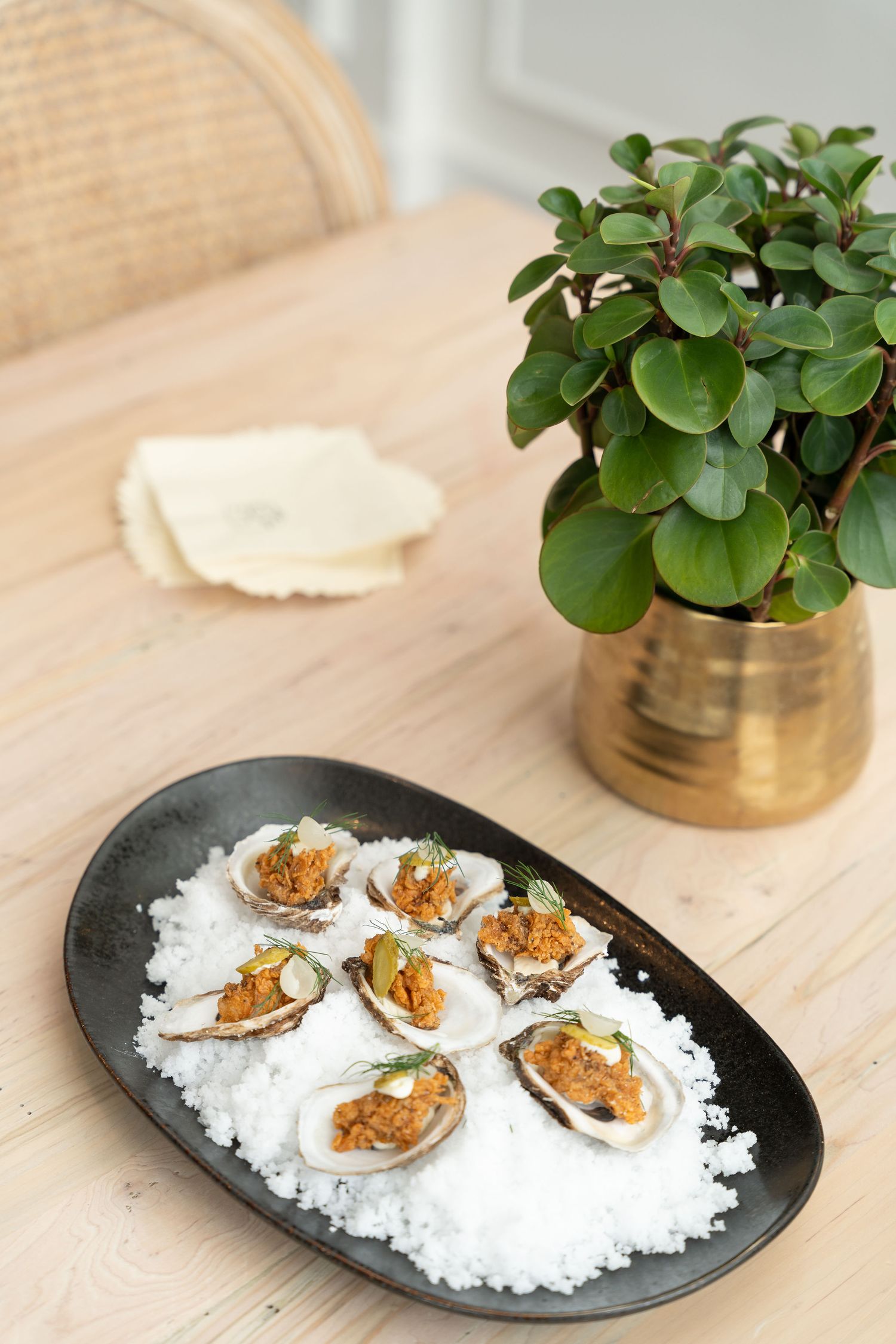 Fresh oysters served on a bed of rock salt with garnish on a dark oval platter beside potted plants.