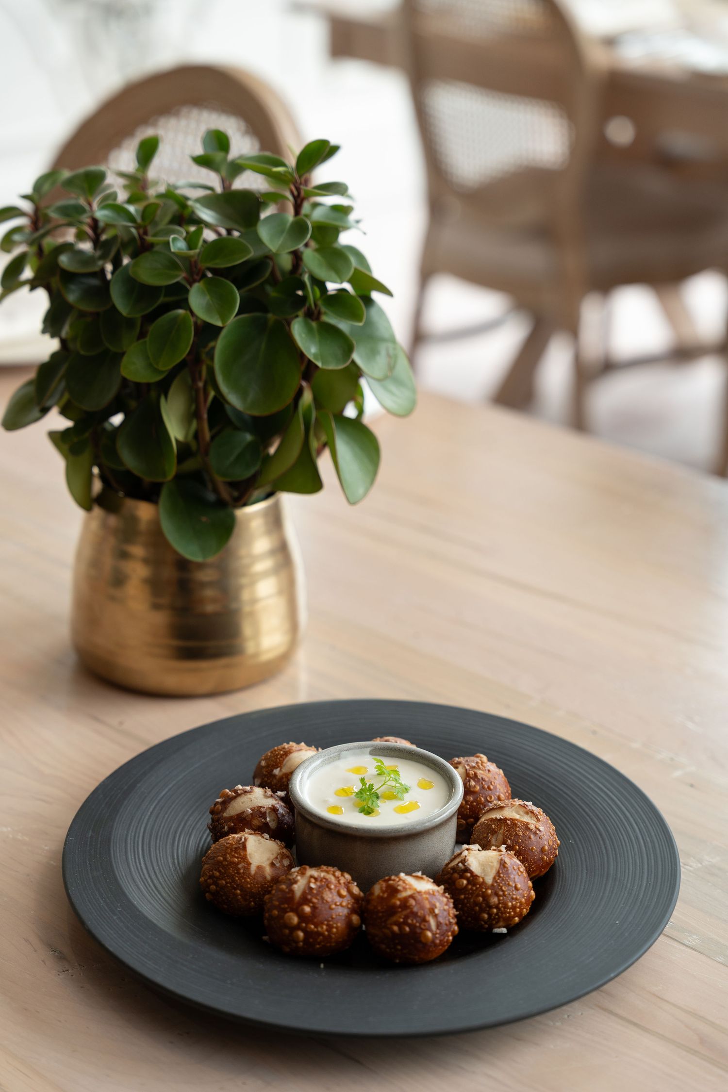 Crispy breaded appetizers arranged on a dark plate with creamy dipping sauce and potted plant decor.