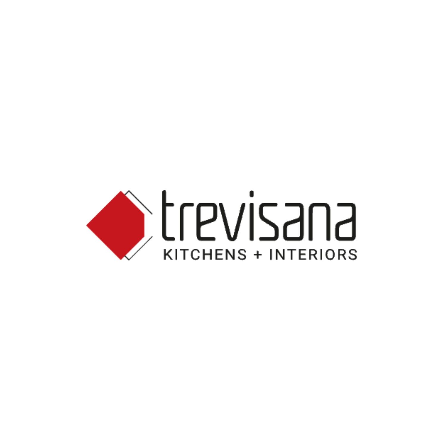 Modern kitchen and interior design company logo with red diamond shape and sleek black text.
