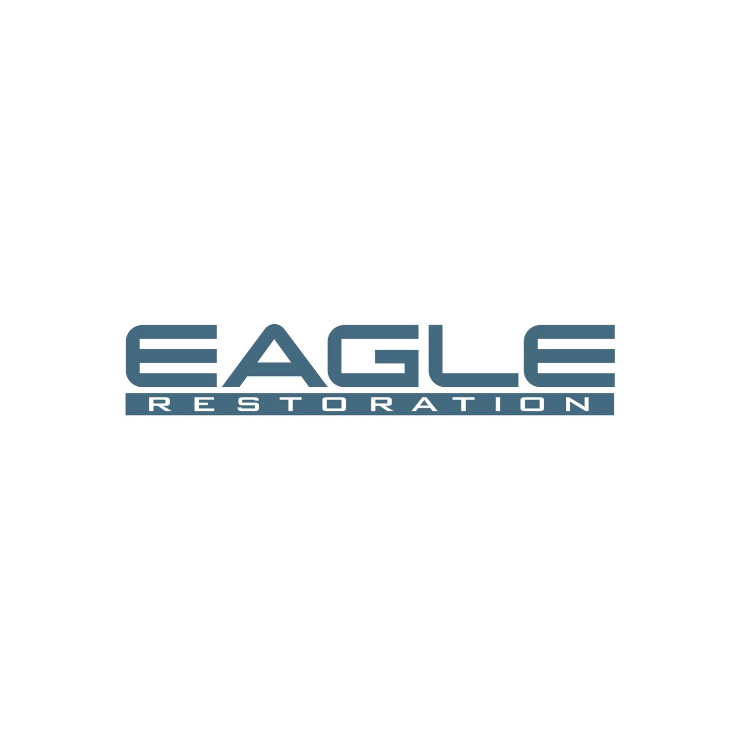 Blue and white Eagle Restoration company logo with modern typography design on white background.
