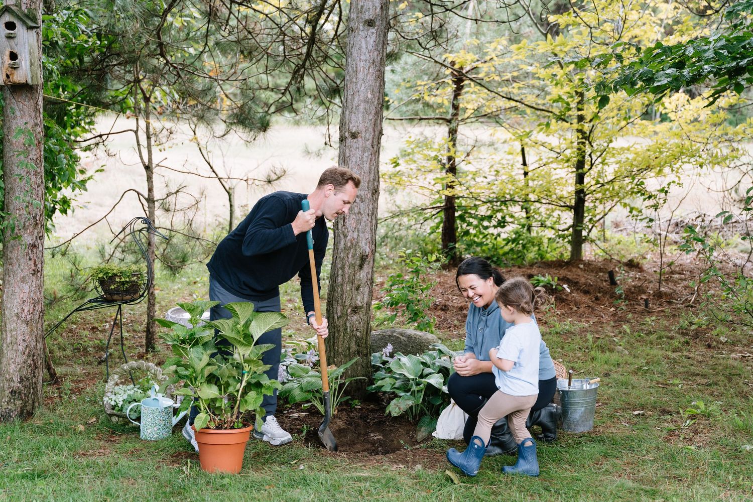 Multiple gardening scenes show people tending to plants and working in an outdoor garden setting.