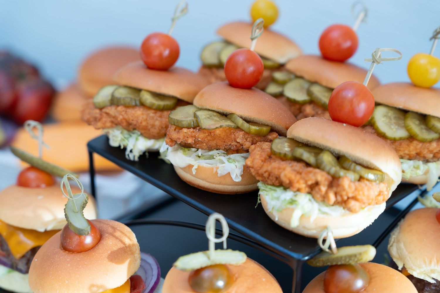 A row of gourmet sandwiches garnished with cherry tomatoes and pickles on black serving plates.