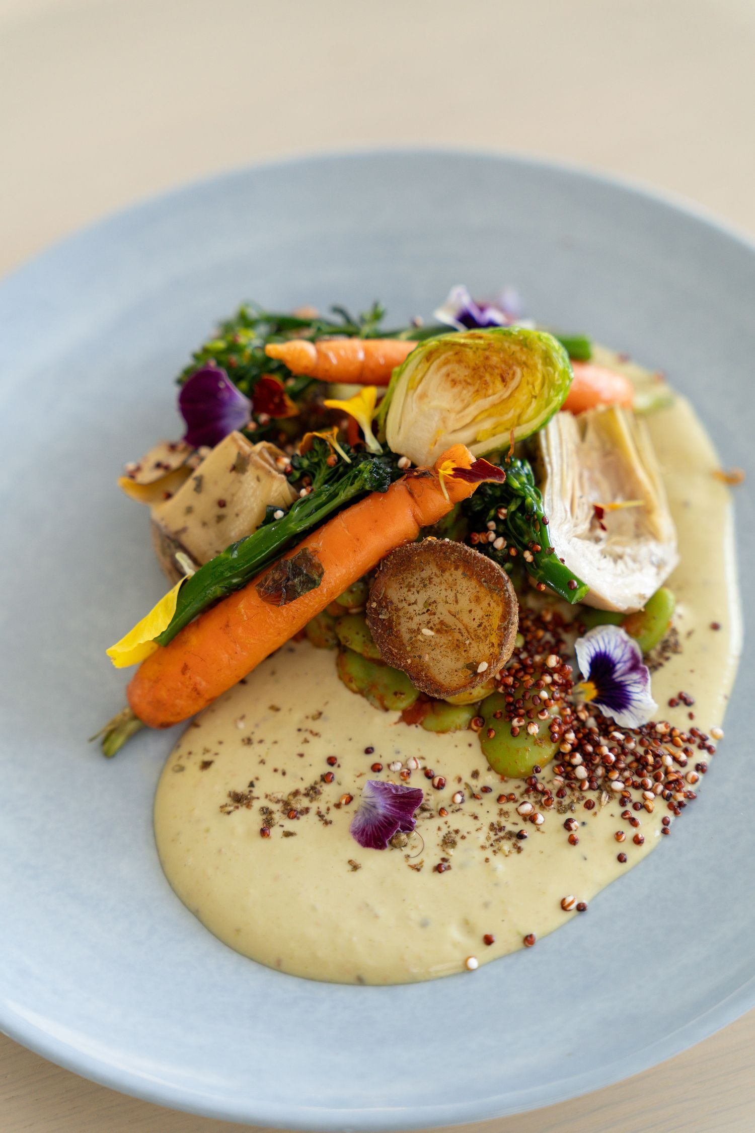 Elegant plated dish with roasted carrots, brussels sprouts and cauliflower puree garnished with edible flowers and quinoa.