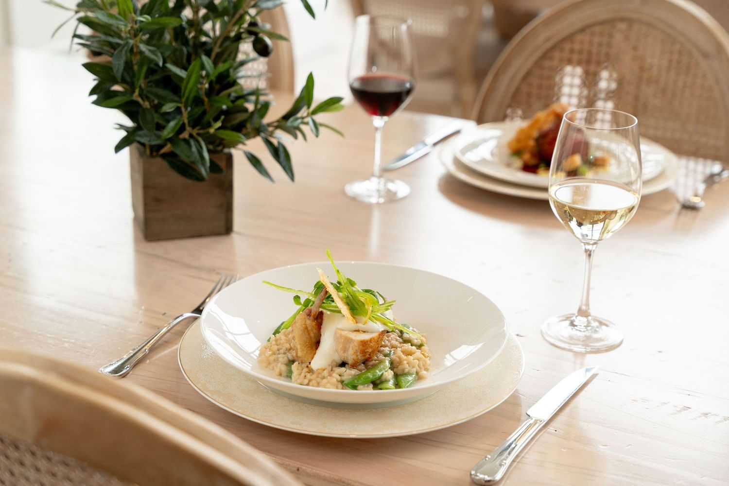 Modern restaurant table setting with wine glasses and decorative greenery in natural lighting.