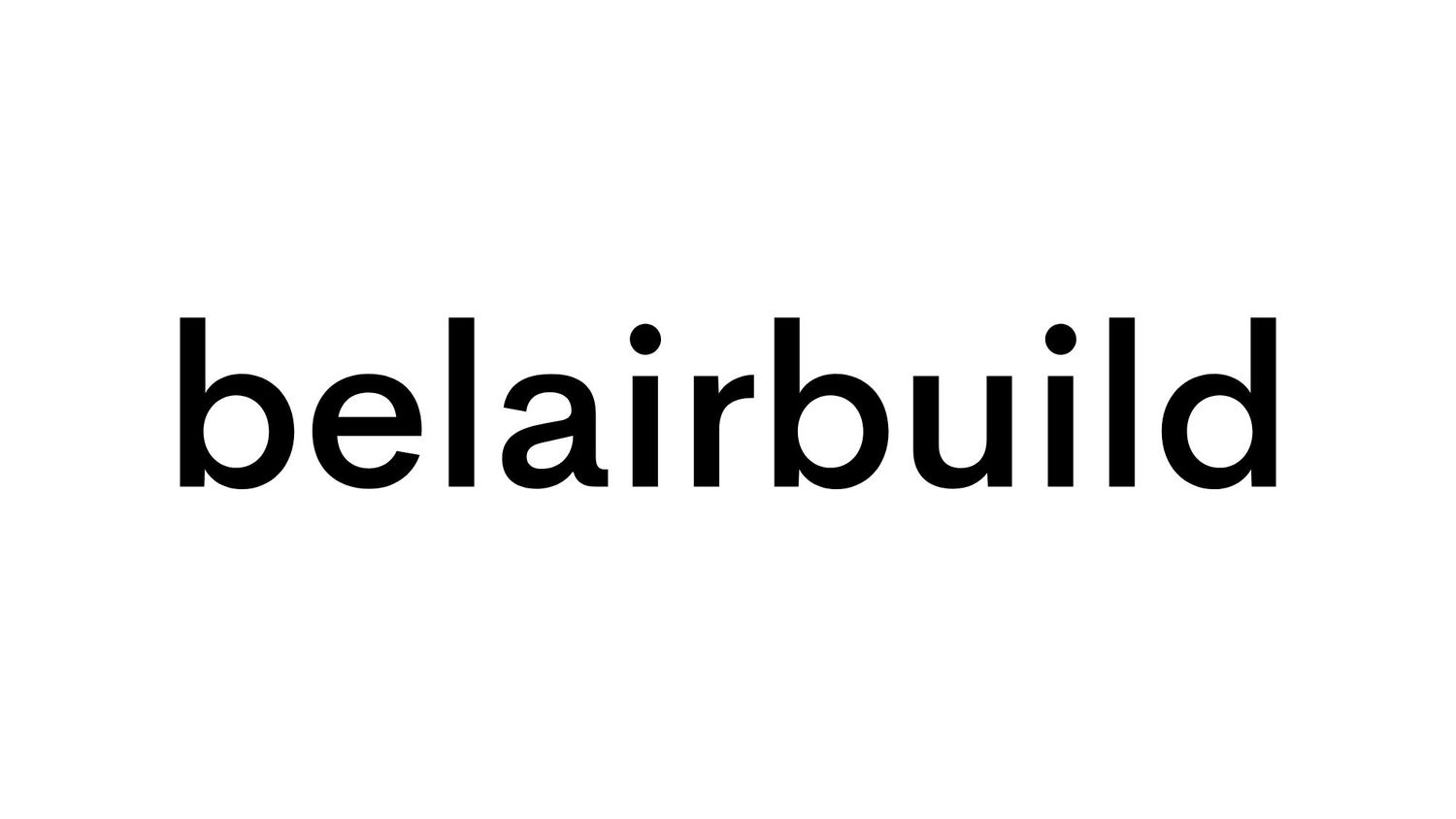 A black and white logo design featuring the text 'belairbuild' in a modern, minimalist typeface.