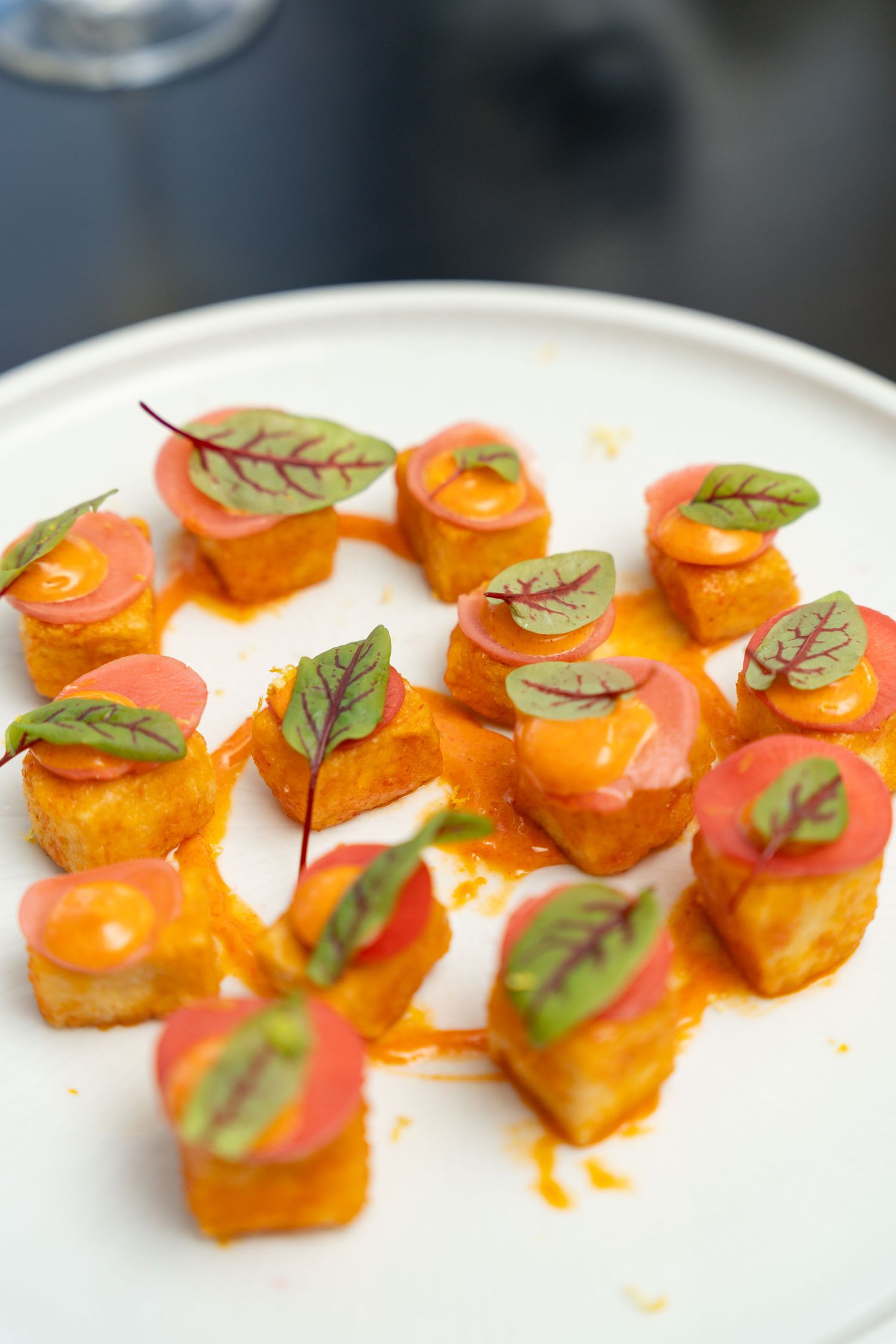 Orange polenta squares topped with pink sauce and fresh herbs arranged on white plate.