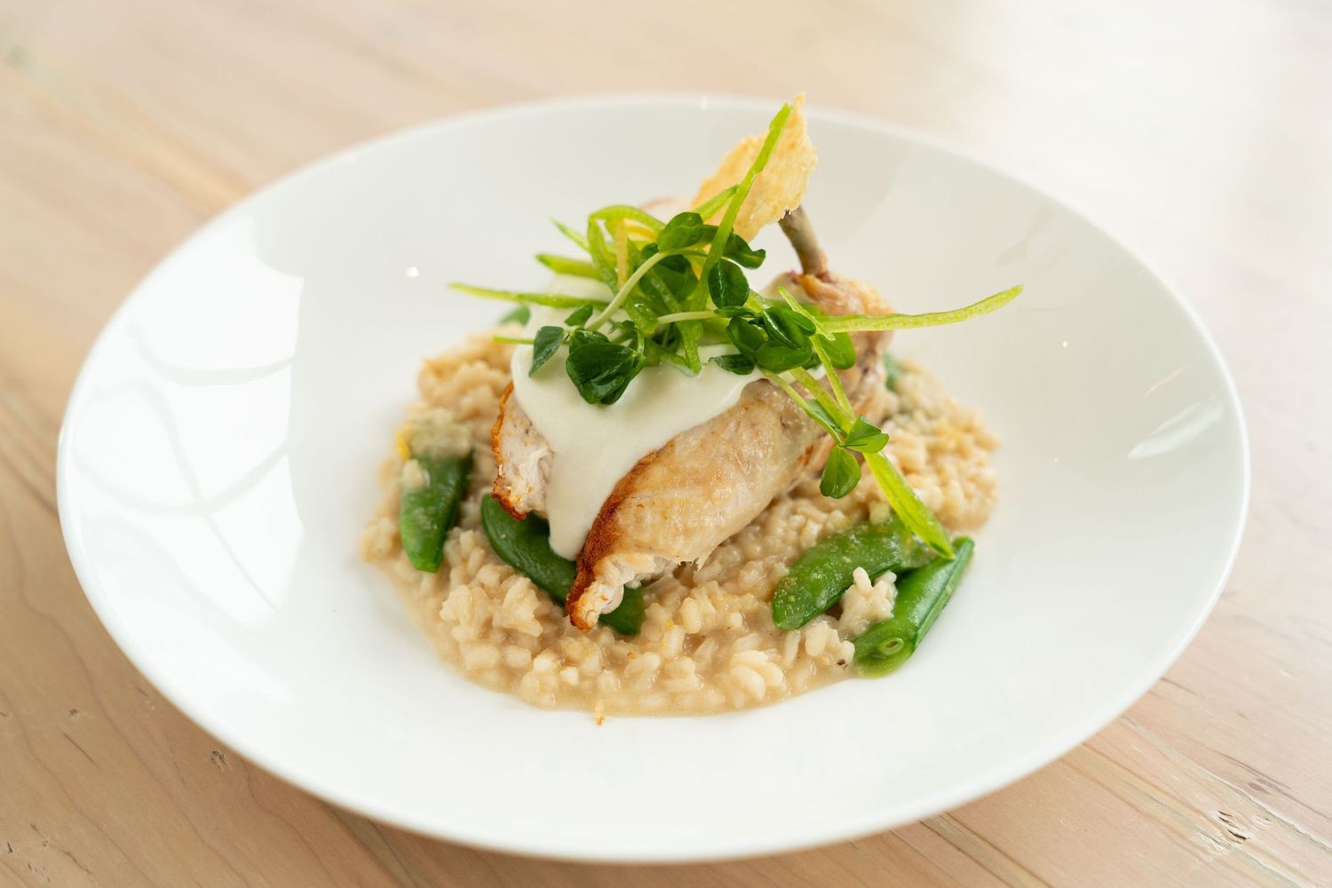Five white plates of elegantly plated risotto dishes with garnishes arranged in a row on a wooden surface.