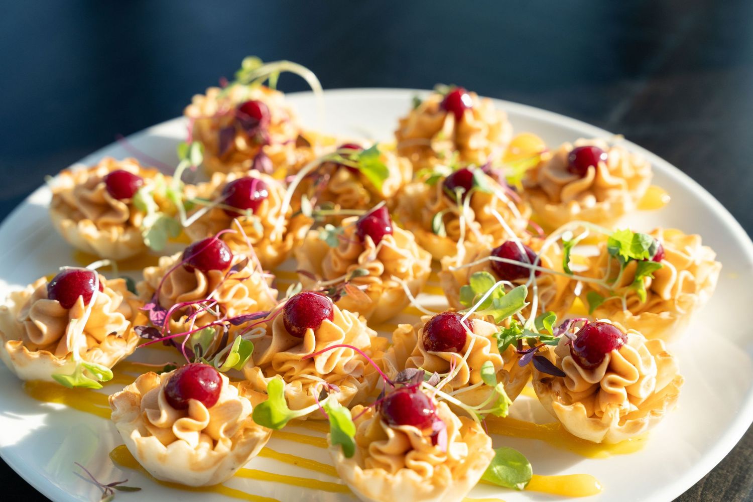 Elegant canapes topped with pomegranate seeds and fresh herbs displayed on white serving platters.