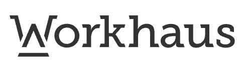 A minimalist black and white logo design featuring the text 'Workhaus' in a clean, modern typeface.