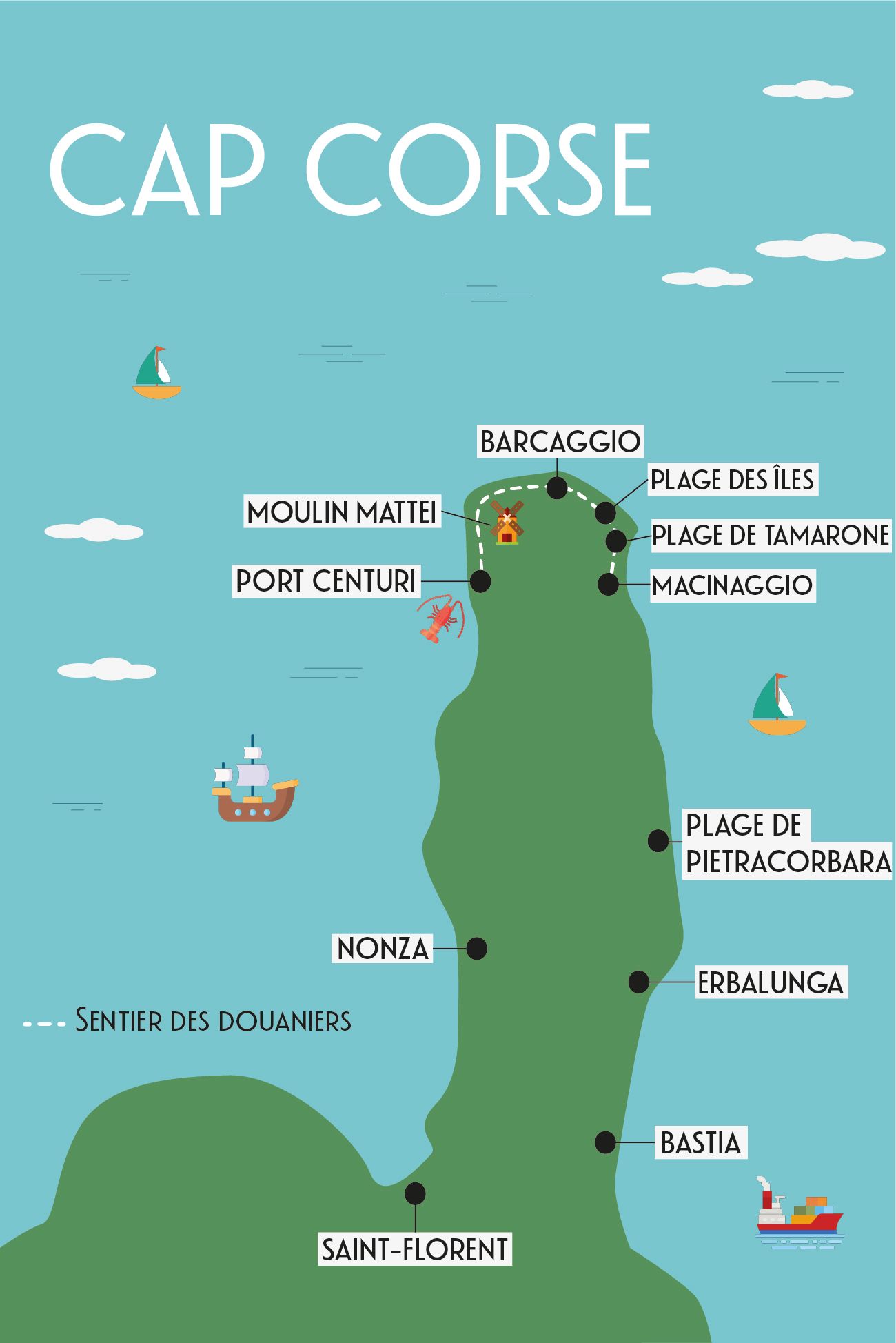 carte du cap corse avec les lieux d'intérêts, plages, villages, sentiers