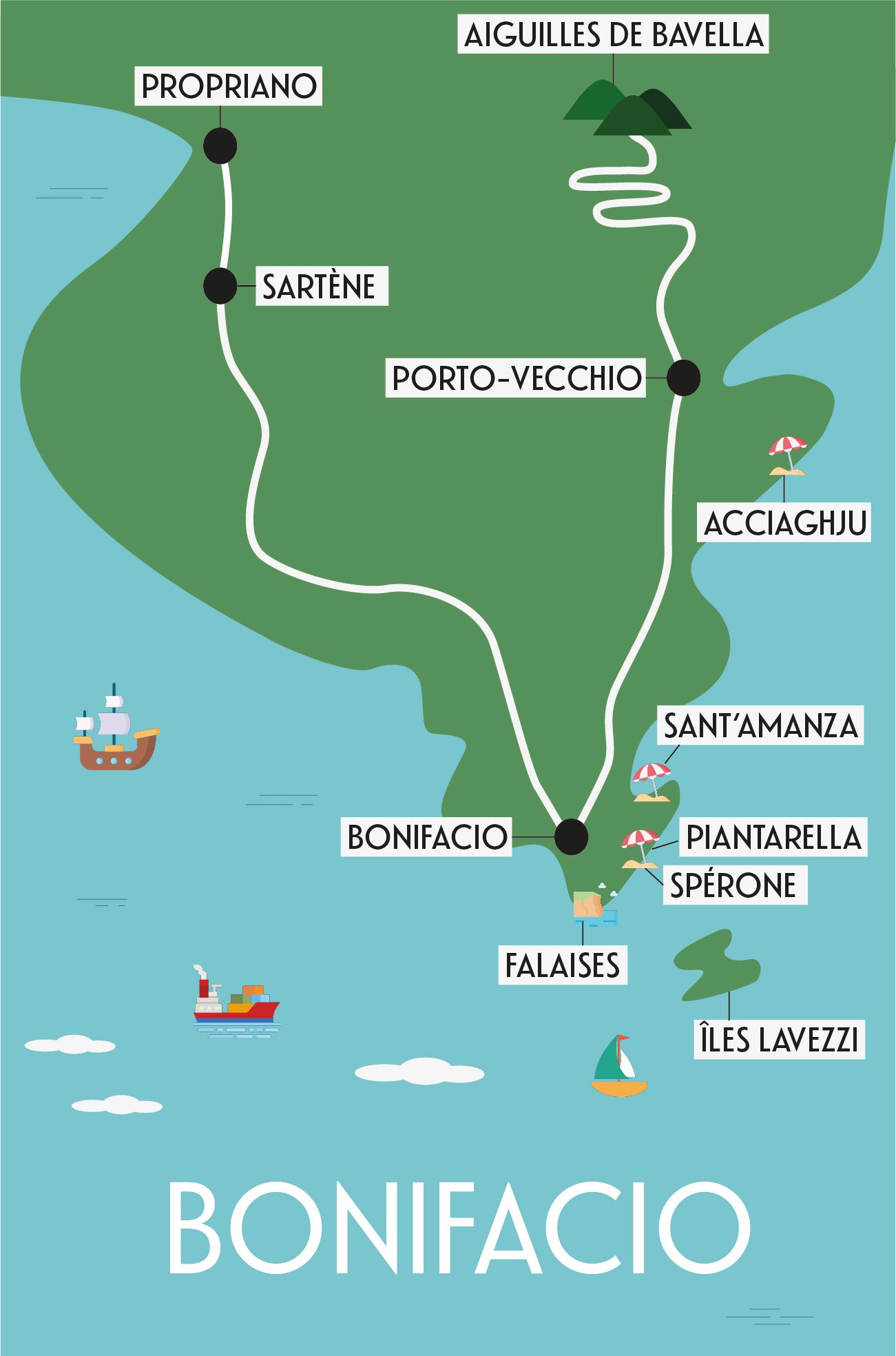 carte bonifacio avec les lieux d'intérets, plages, villages, montagnes