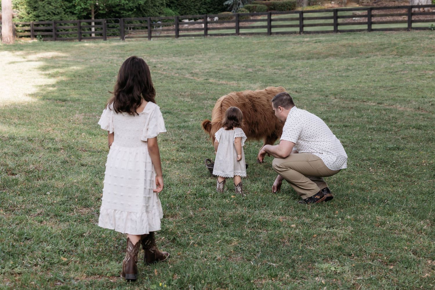 Family with two girls in white dresses interacting with a fluffy brown alpaca on a green farm field.