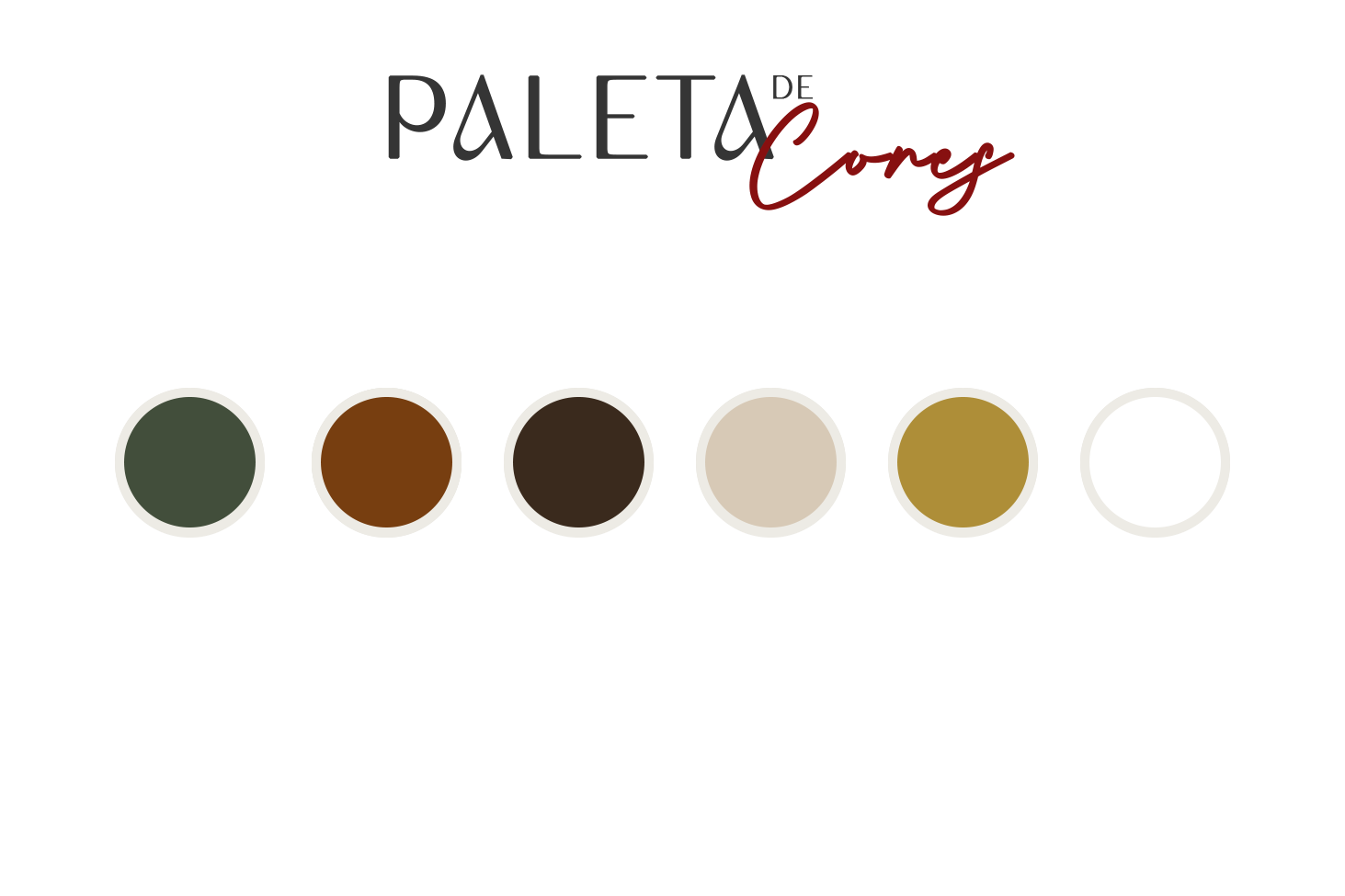 Color palette with six circles: dark green, brown, dark brown, beige, olive gold, and white on white background.