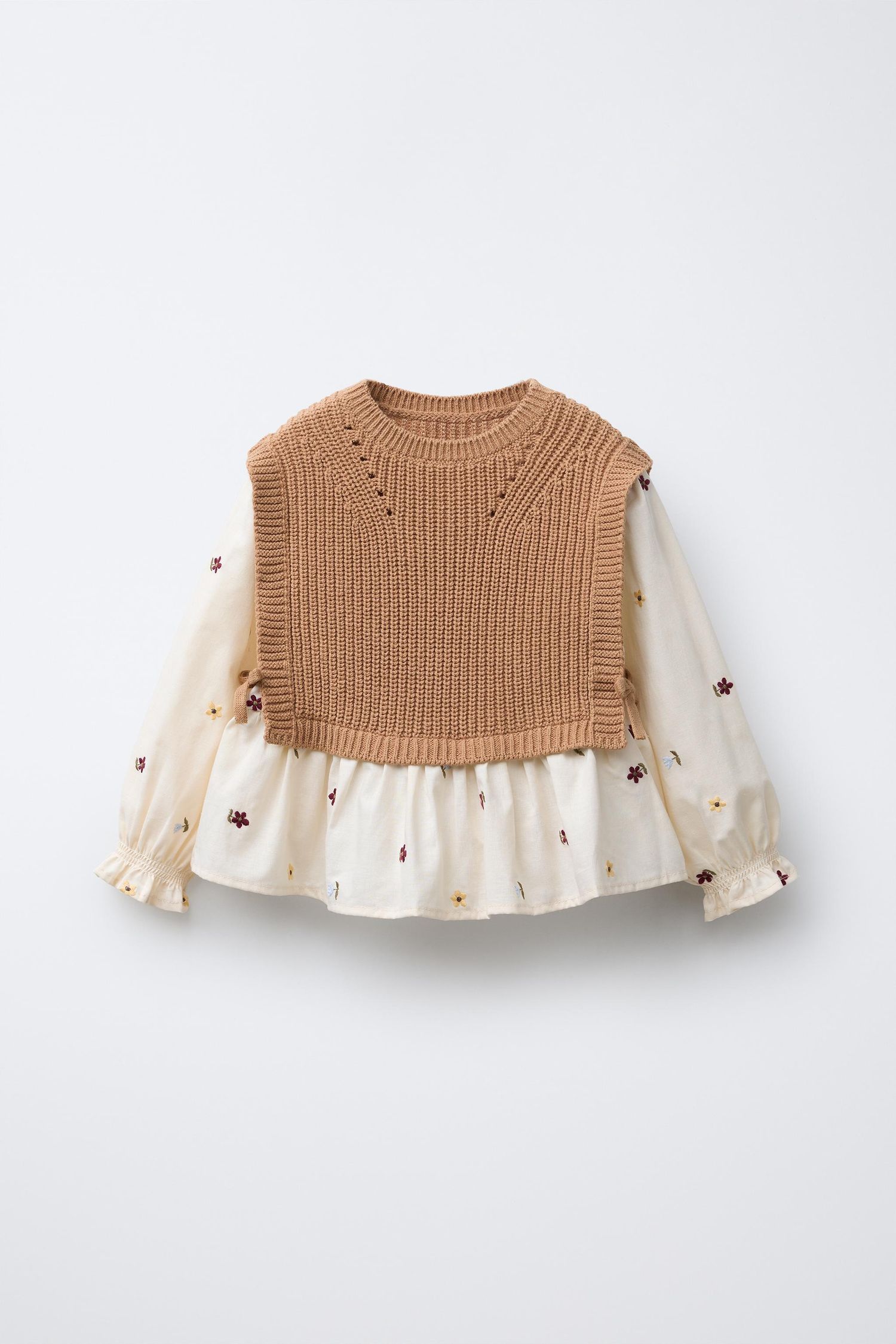 Camel knit sweater crop top with floral embroidered sheer chiffon flared sleeves in cream color.