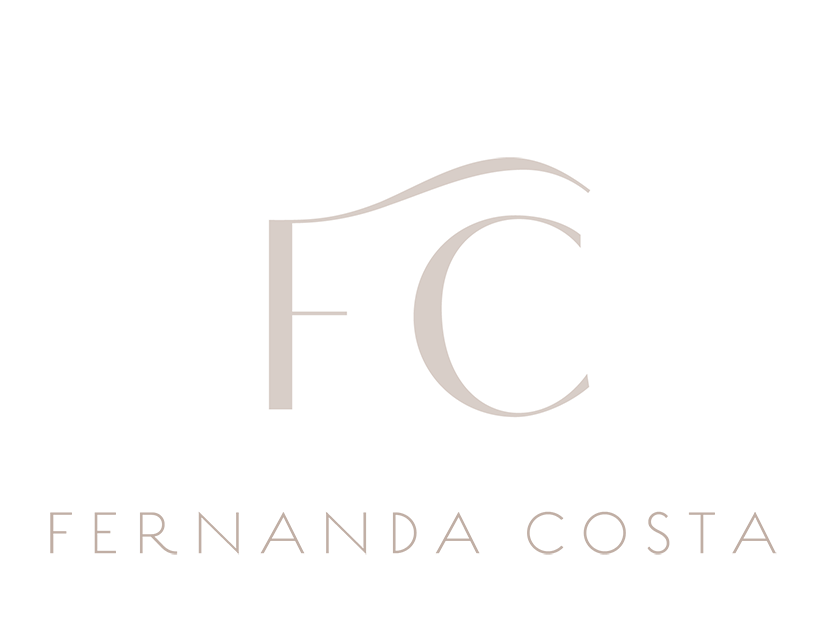 Minimalist logo design with FC monogram and Fernanda Costa text in rose gold on black background.