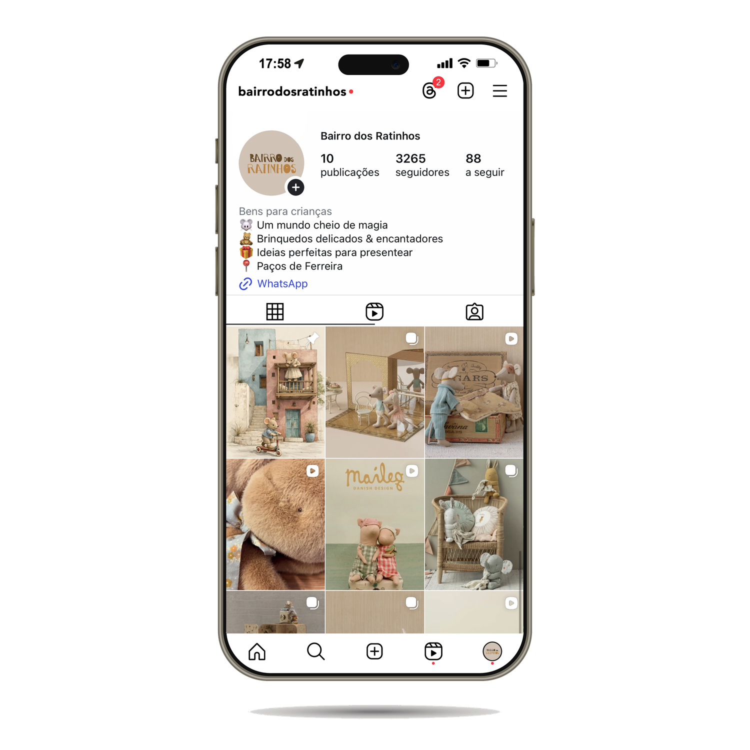 Three smartphone mockups displaying social media profile layouts and grid-style photo galleries.