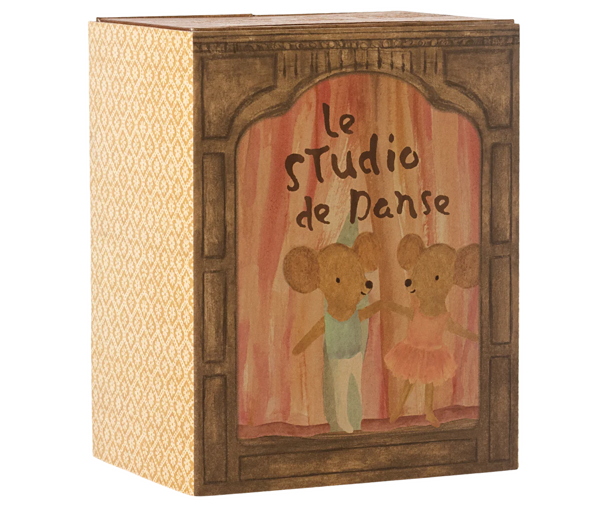 Vintage wooden dance studio music box with pink and gold accents shown from multiple angles.