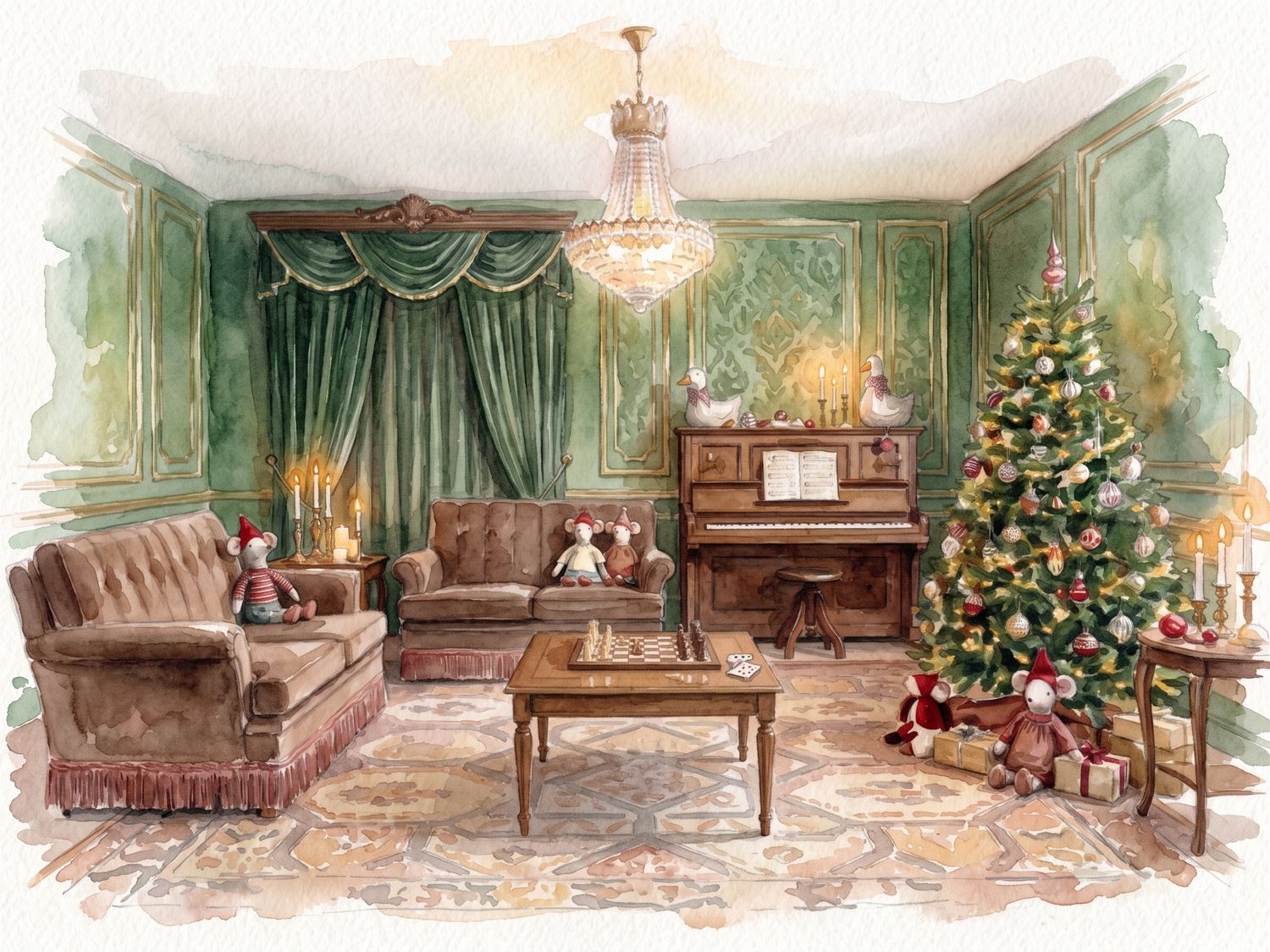 Watercolor illustration of a cozy Christmas living room with green walls, decorated tree, piano, and plush sofas.