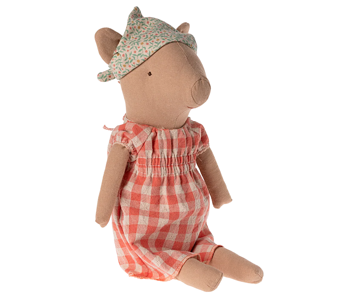 Soft plush mouse toy wearing a red and white gingham dress and silver crown sits against white background.