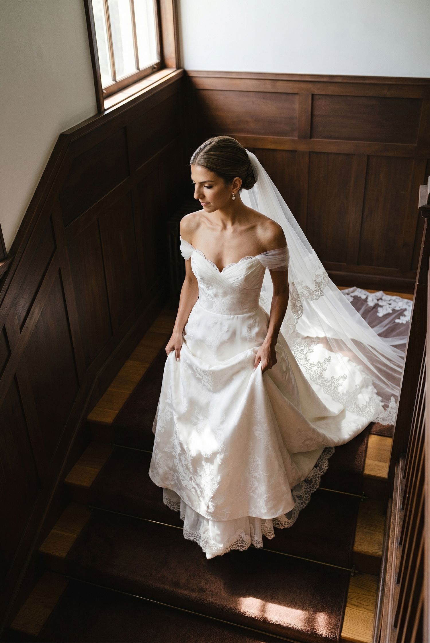 Bride in off-shoulder lace wedding gown and cathedral veil descends wooden staircase in elegant venue.