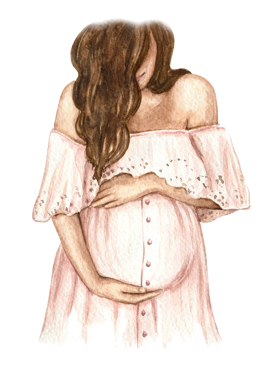 A pregnant woman in a pink off-shoulder dress holds her belly in a watercolor illustration against a dark background.