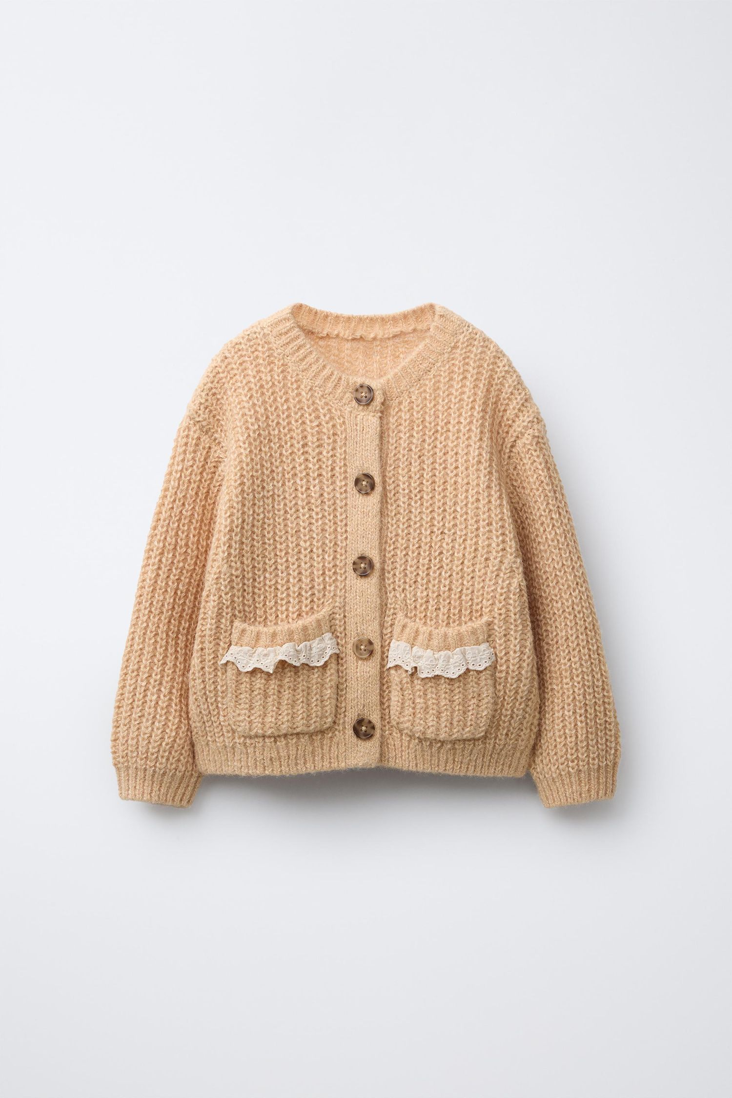 Beige knitted baby cardigan sweater with decorative lace trim and wooden buttons shown from three different angles.