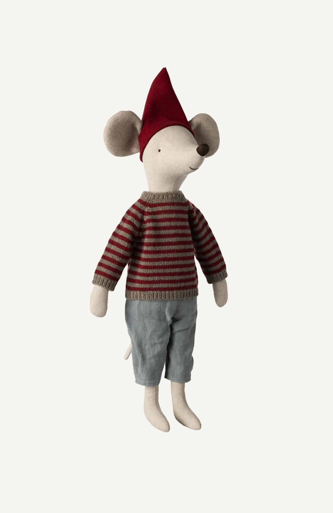 Maileg mouse doll wearing red striped sweater, blue pants, and red gnome hat, standing upright on white background.