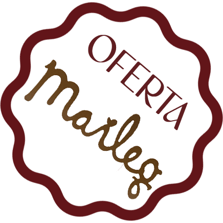 Marleg brand promotional offer stamp logo with scalloped dark red border and gold script text on white background.