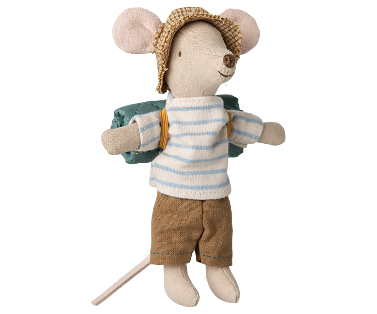 A plush toy mouse wearing a striped shirt and brown shorts shown from multiple angles.
