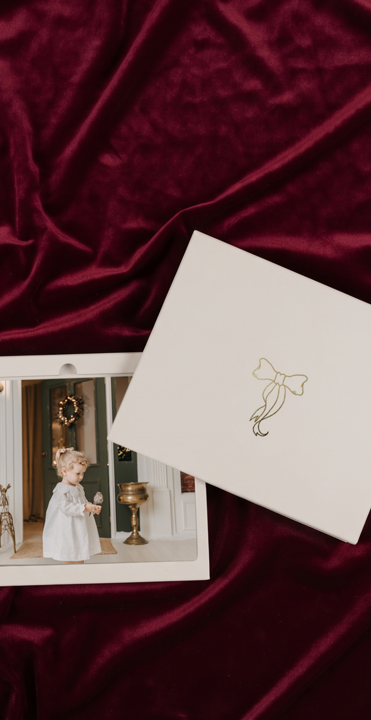 Elegant cream photo box with gold bow emblem beside a child portrait on rich burgundy velvet fabric.