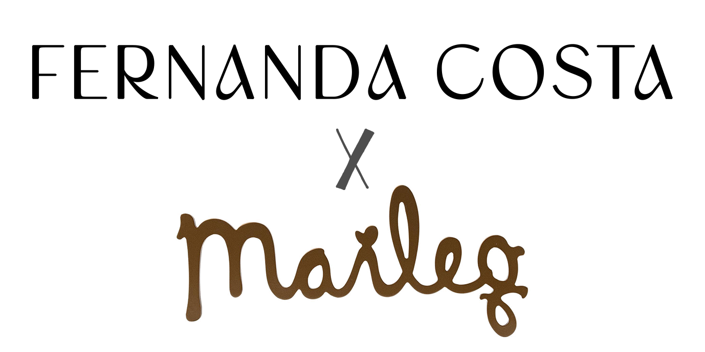 Fernanda Costa x Maileg collaboration logo featuring elegant serif and handwritten script typography in black and brown.