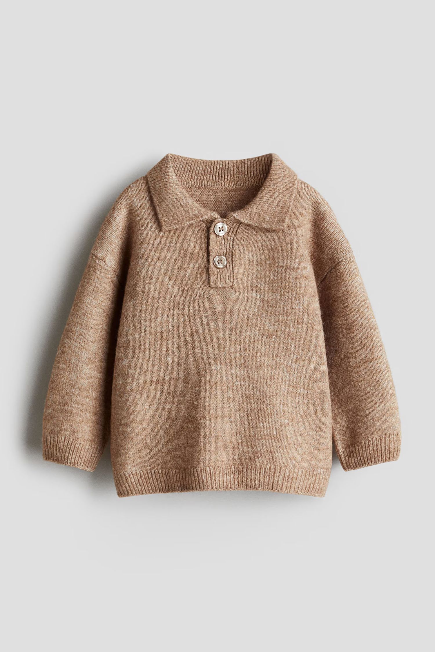 Cozy light brown knitted baby sweater with button collar photographed from multiple angles against white background.