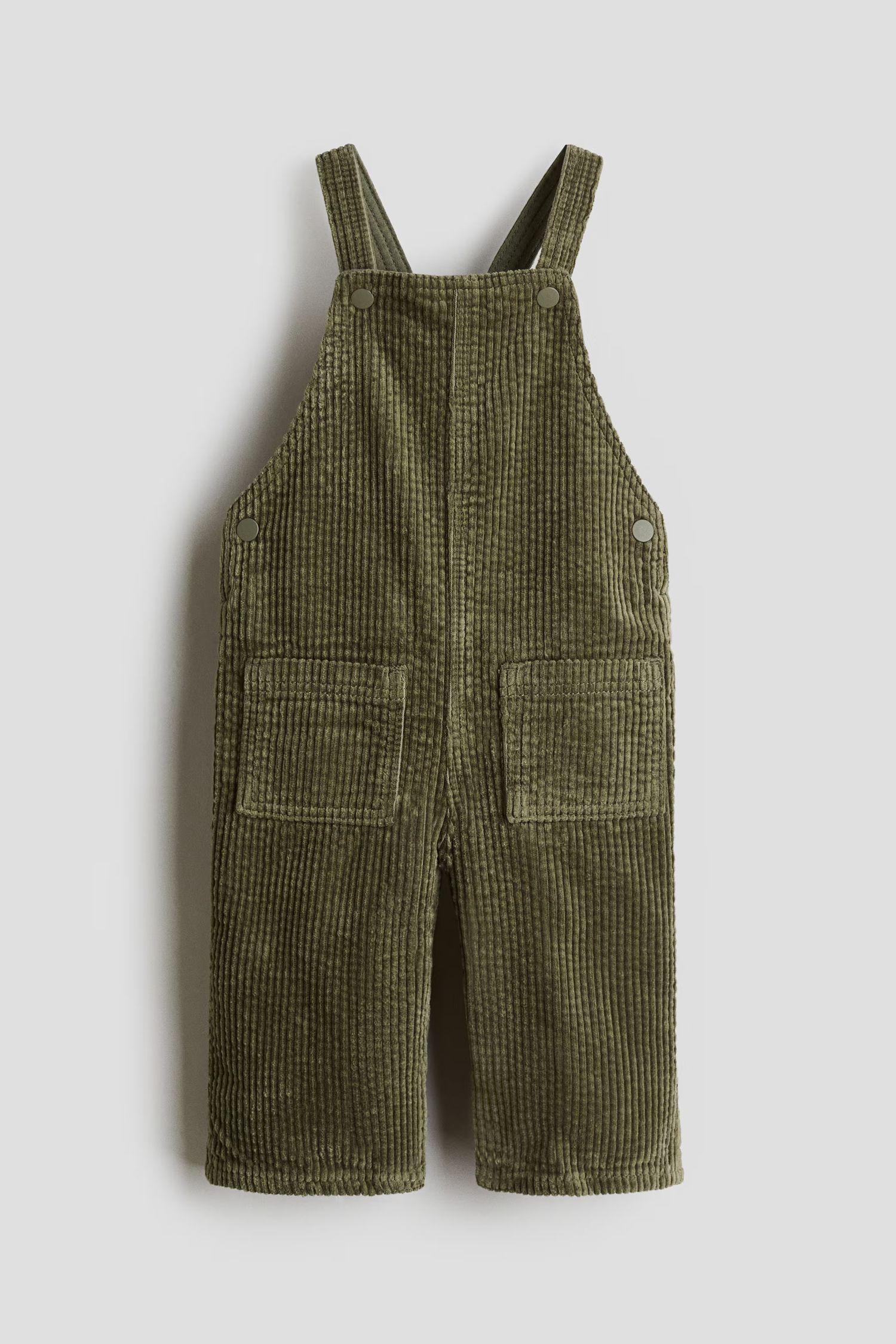 Olive green corduroy overalls shown from five angles featuring bib front pockets and adjustable straps.