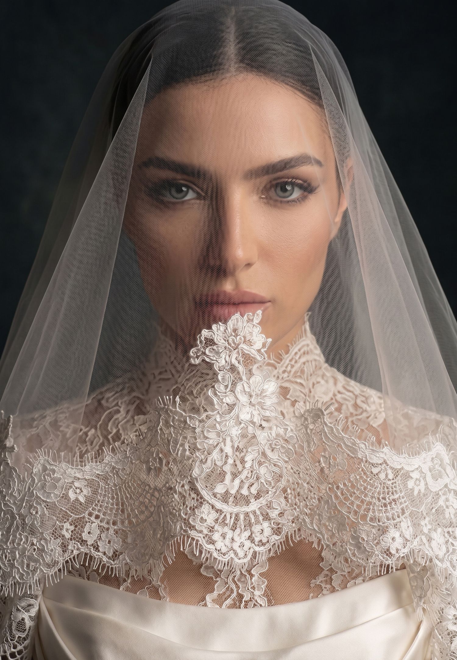 Elegant bride wearing a sheer veil and ornate lace high-neck wedding gown with intricate beaded embroidery details.