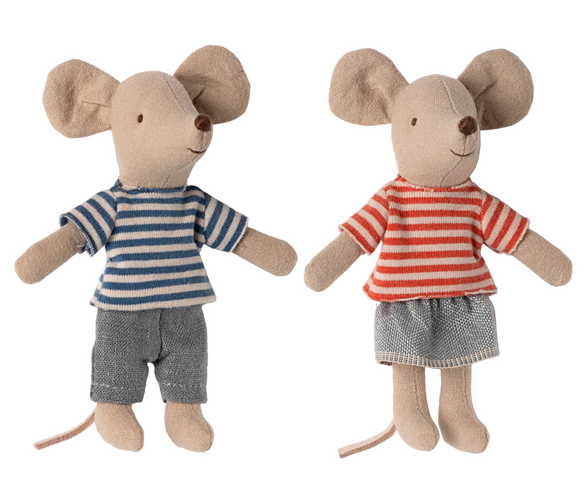 Small plush toy mice wearing striped shirts and gray shorts shown from different angles on white background.