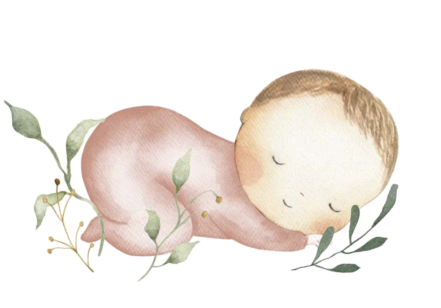 Watercolor illustration of a sleeping baby with gentle pink tones and delicate floral elements.