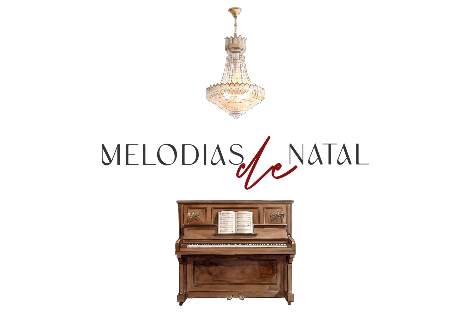 Melodias de Natal logo featuring elegant crystal chandelier, cursive script text, and a classic upright wooden piano.
