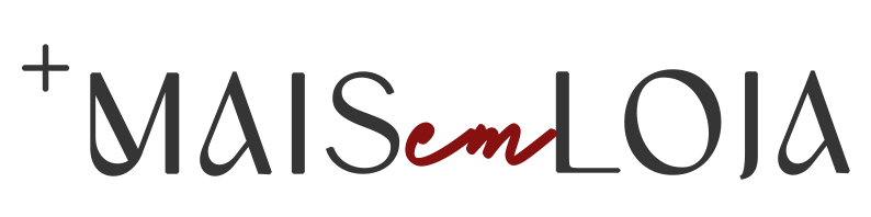 Mais em Loja logo featuring bold dark gray typography with a red cursive accent on a white background.