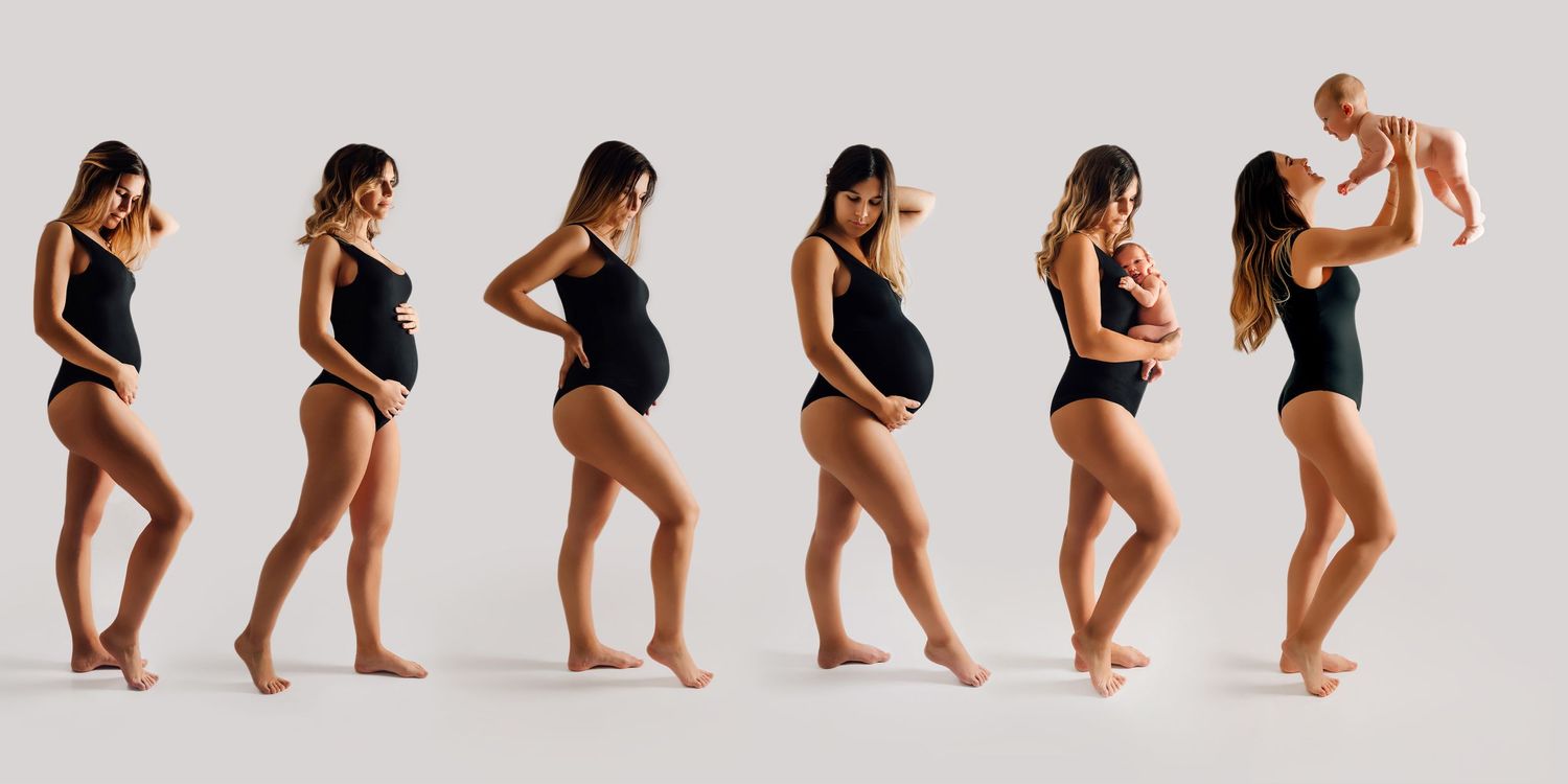 A progression of pregnancy photos showing the stages from early pregnancy through holding a newborn baby in a side view series.