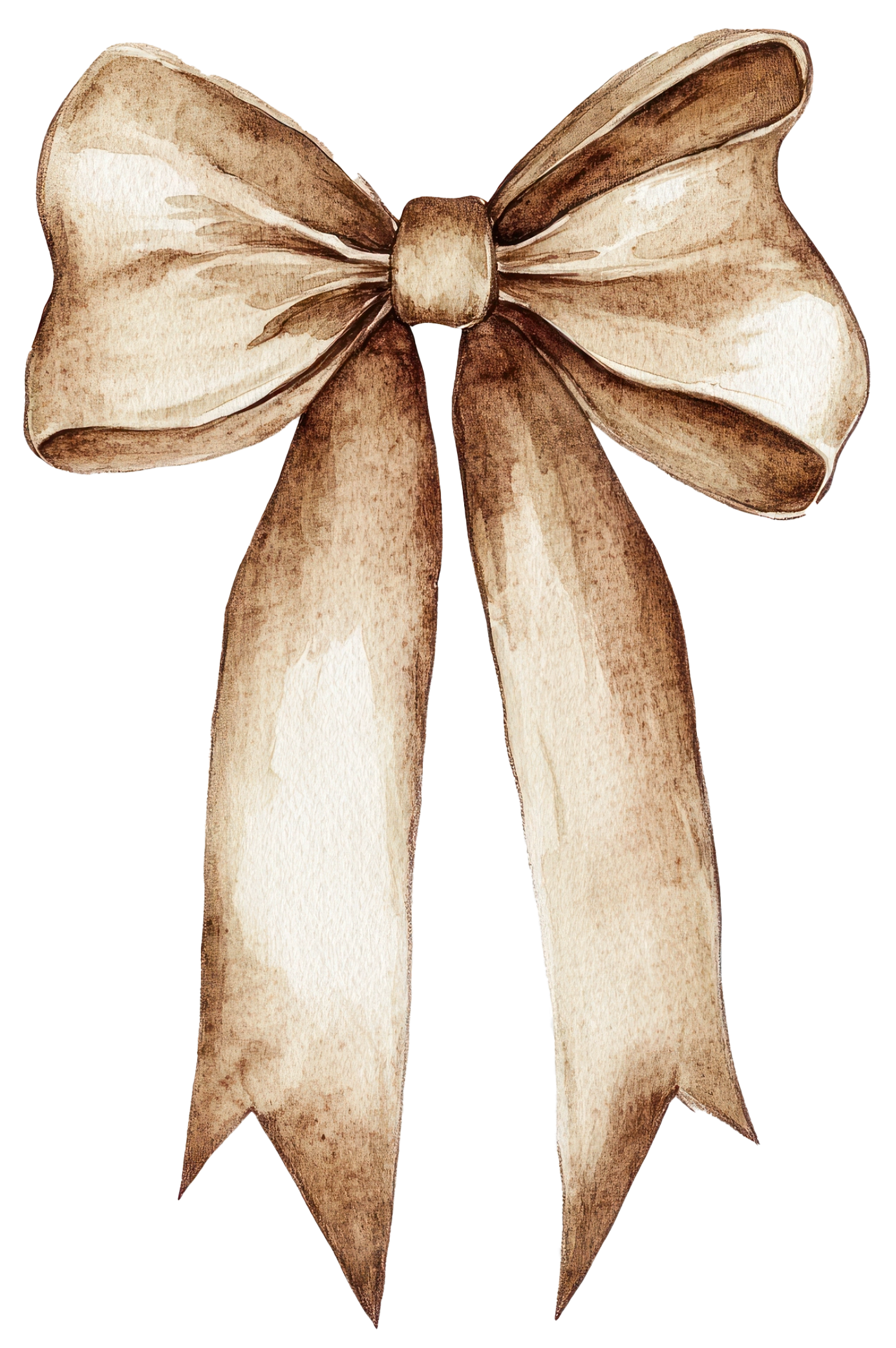 Watercolor illustration of four brown gift bows arranged in a horizontal row showing different angles and positions.