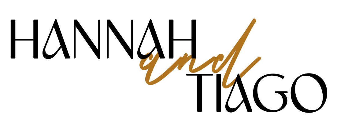 Hannah and Tiago elegant wedding brand logo with gold script and bold black serif typography.
